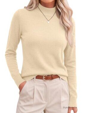 Merino Wool Blend Mock Neck Lightweight Pullover Sweater